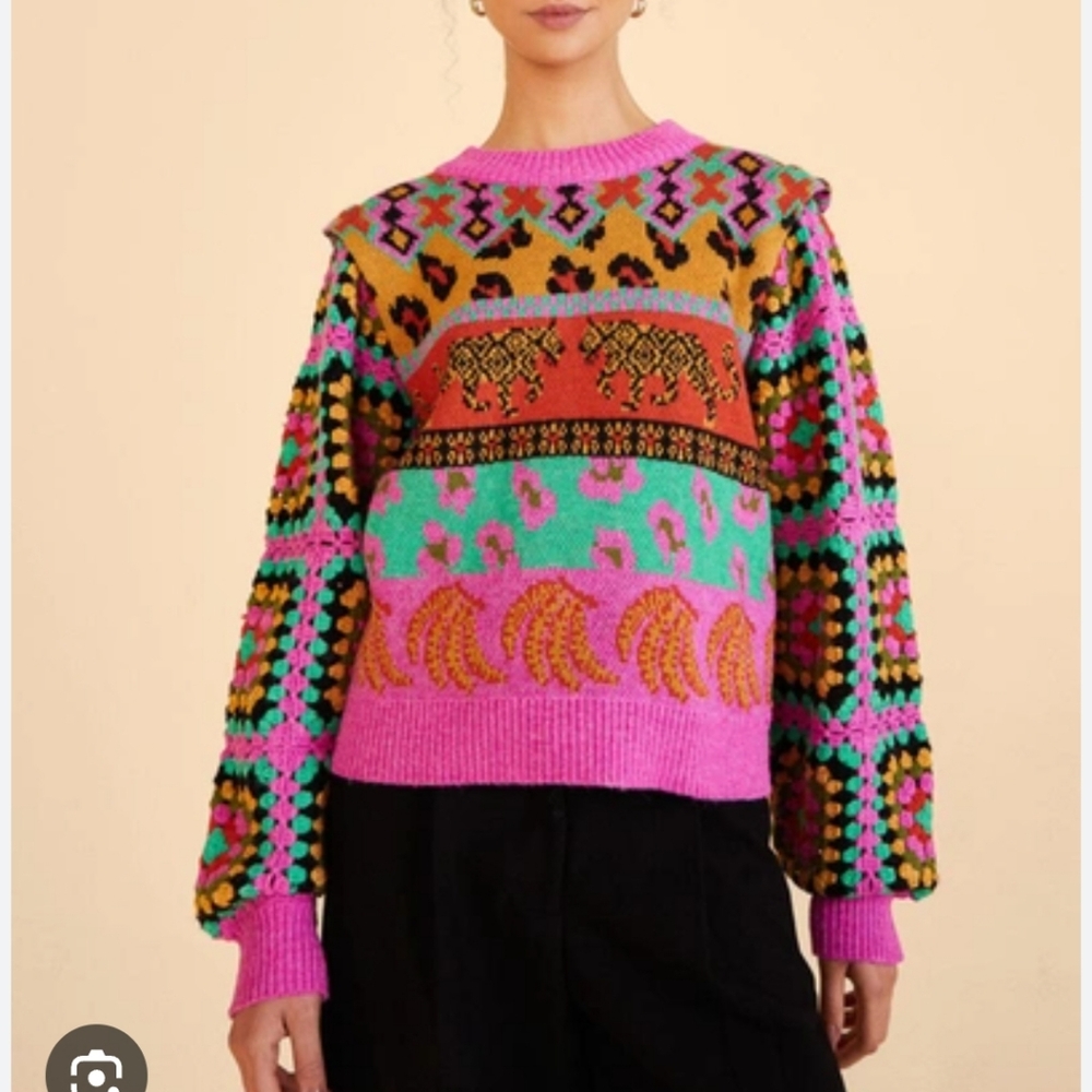 Farm Rio Crochet Mixed Print Sweater
